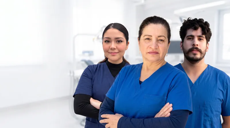 Equipo de dentistas de El Diente de Oro con uniforme azul en la clínica