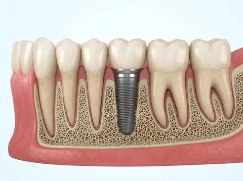 Ilustración en corte de un implante dental en el hueso con su corona