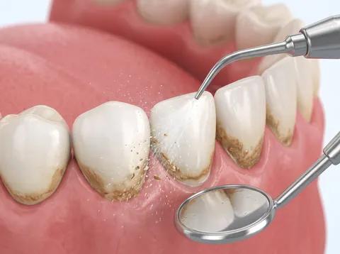 Ilustración de un instrumento dental retirando sarro de los dientes
